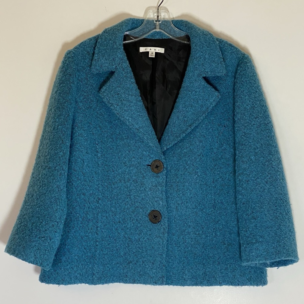 Cabi Jacket Womens 14 Blue Blazer Wool 2 Button Lined Textured Classy Modest